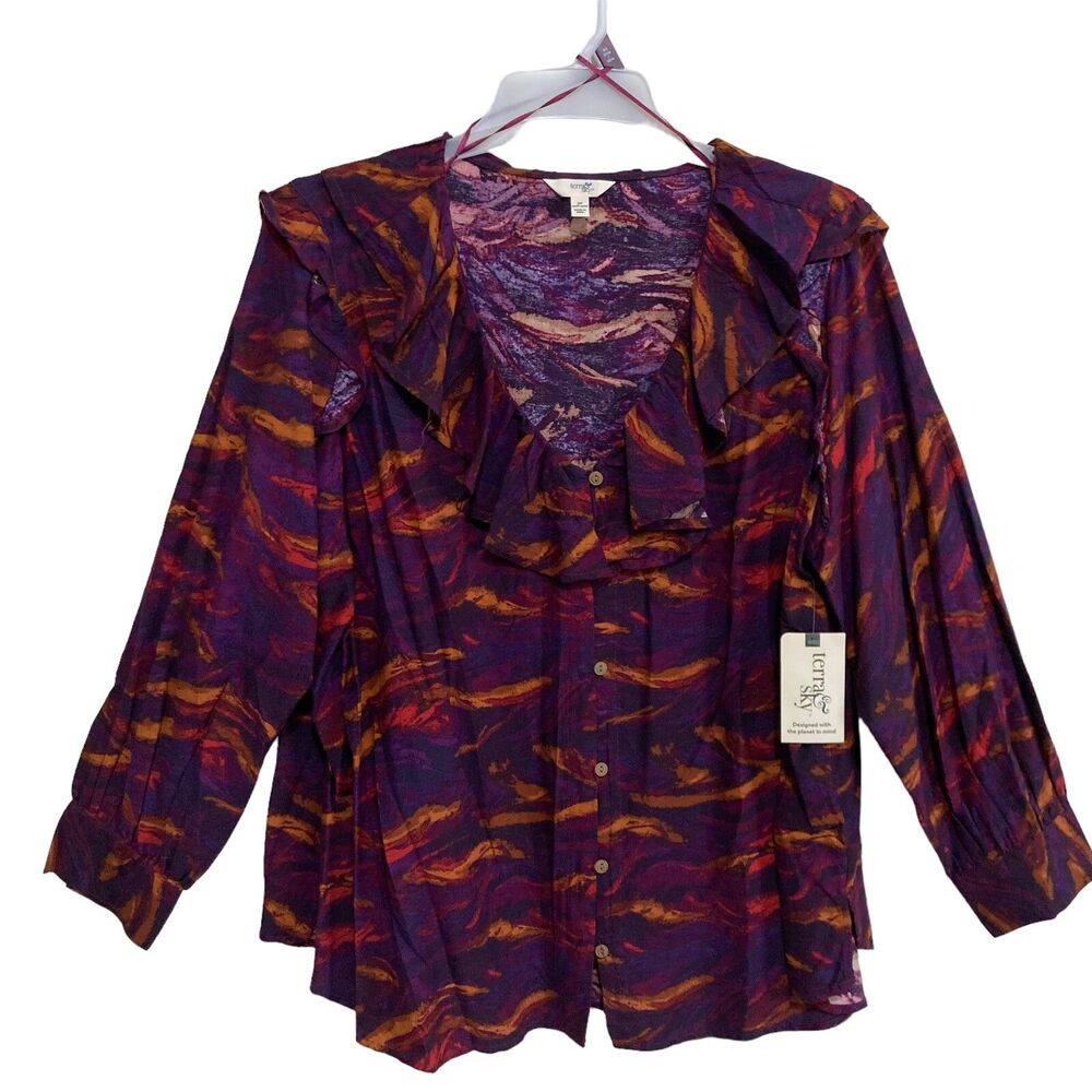 Terra & Sky Blouse Top Women's Size 2X Button-Up Long Sleeve Purple NEW Ruffled